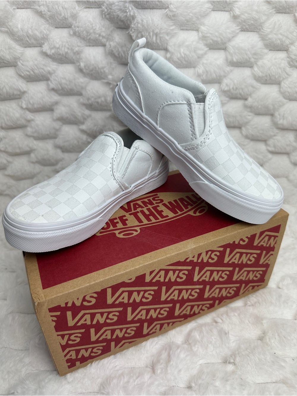 Vans Kids Classic Slip-On Checkerboard Sneakers in White